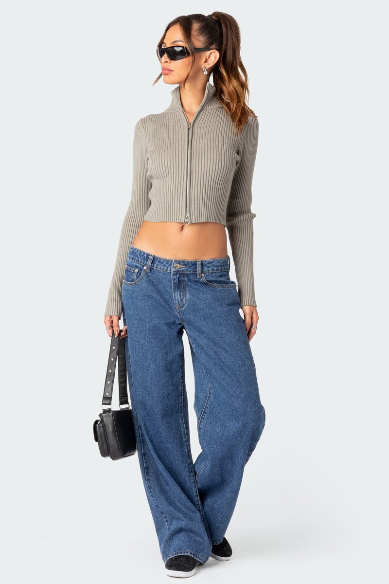 Edikted Double Zip Up Cardigan Long Sleeve Tops Sage | USA VV938973L6