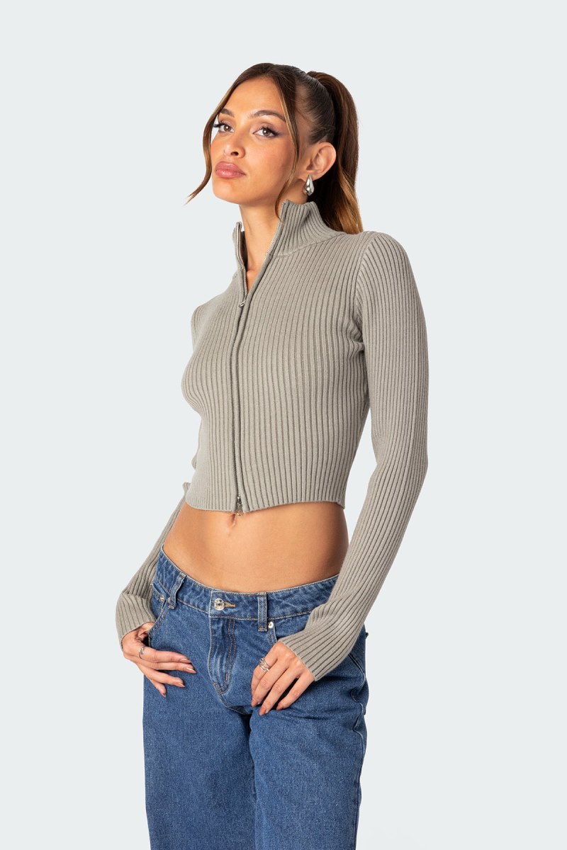 Edikted Double Zip Up Cardigan Sage | USA OL487558U0
