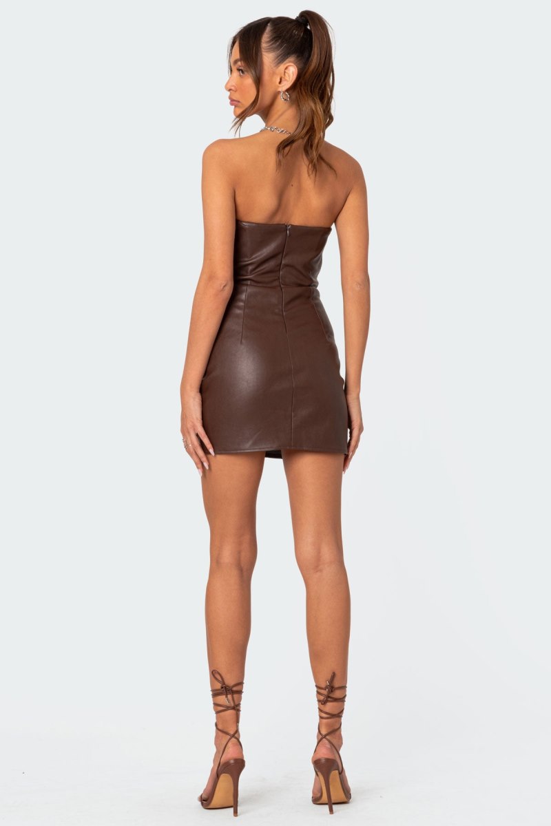 Edikted Draped Faux Leather Mini Dress Brown | USA JZ001460O6