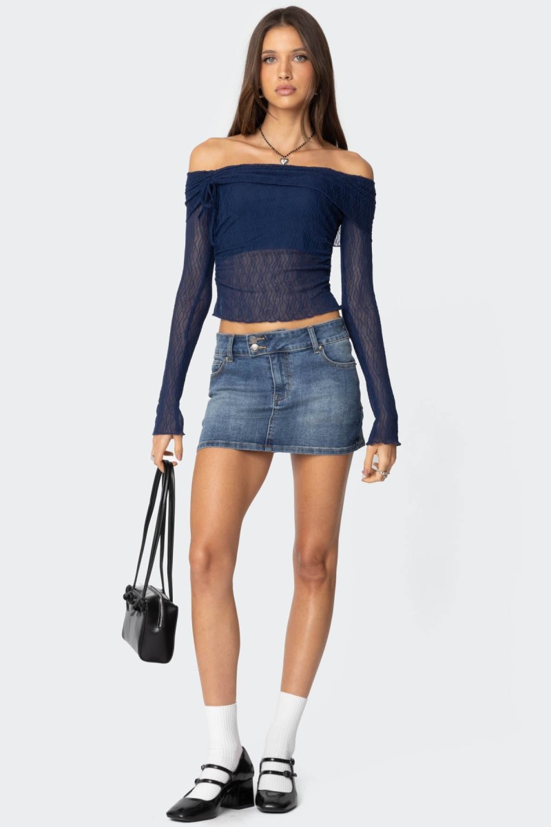 Edikted Drawstring Fold Over Sheer Long Sleeve Tops Navy | USA YL116811I4