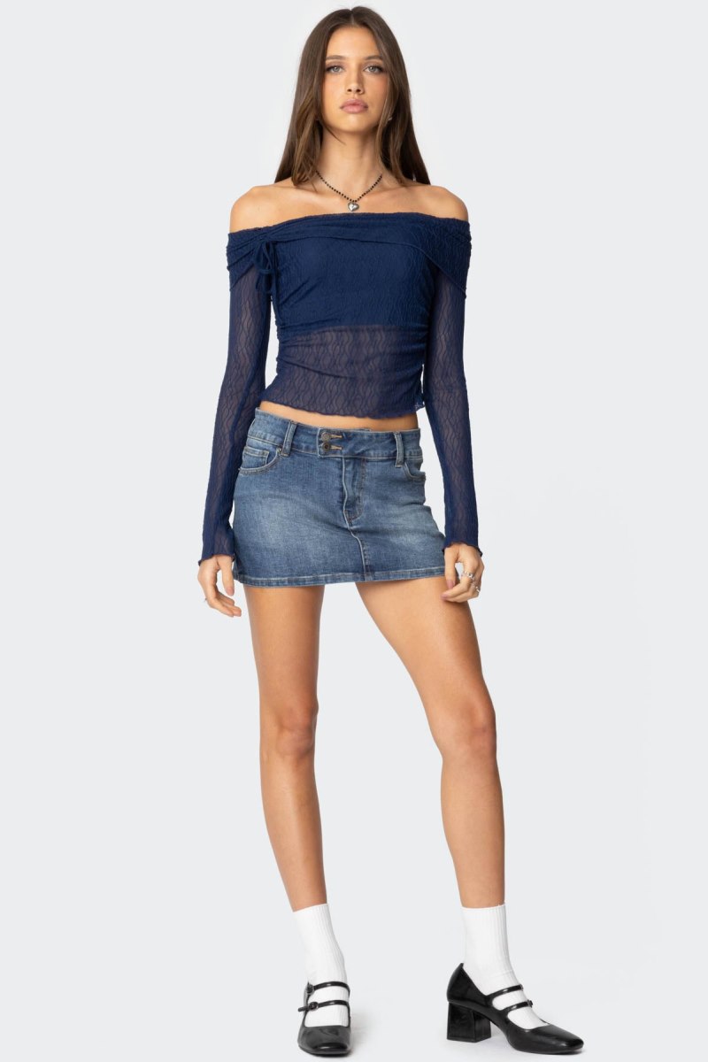 Edikted Drawstring Fold Over Sheer Long Sleeve Tops Navy | USA YL116811I4