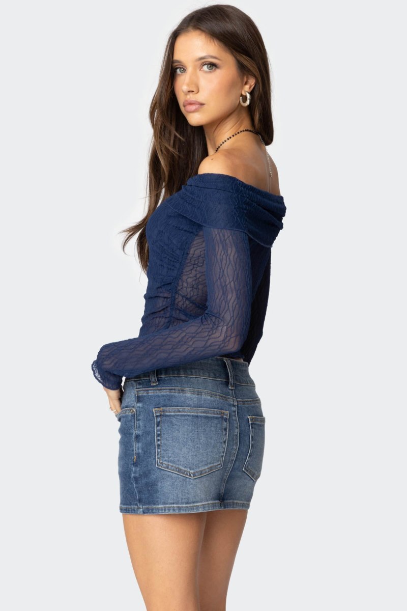 Edikted Drawstring Fold Over Sheer Long Sleeve Tops Navy | USA YL116811I4