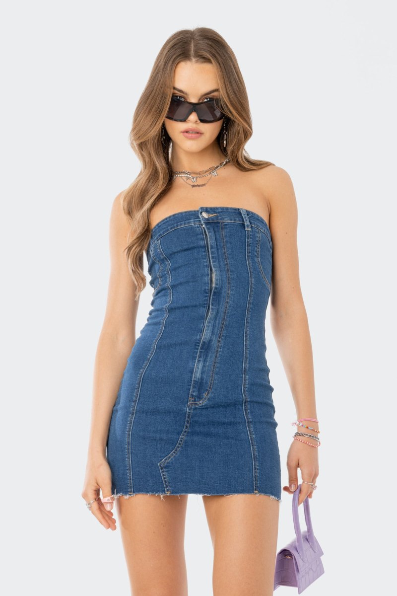 Edikted Ebony Strapless Denim Mini Dress Blue | USA KD911051M1