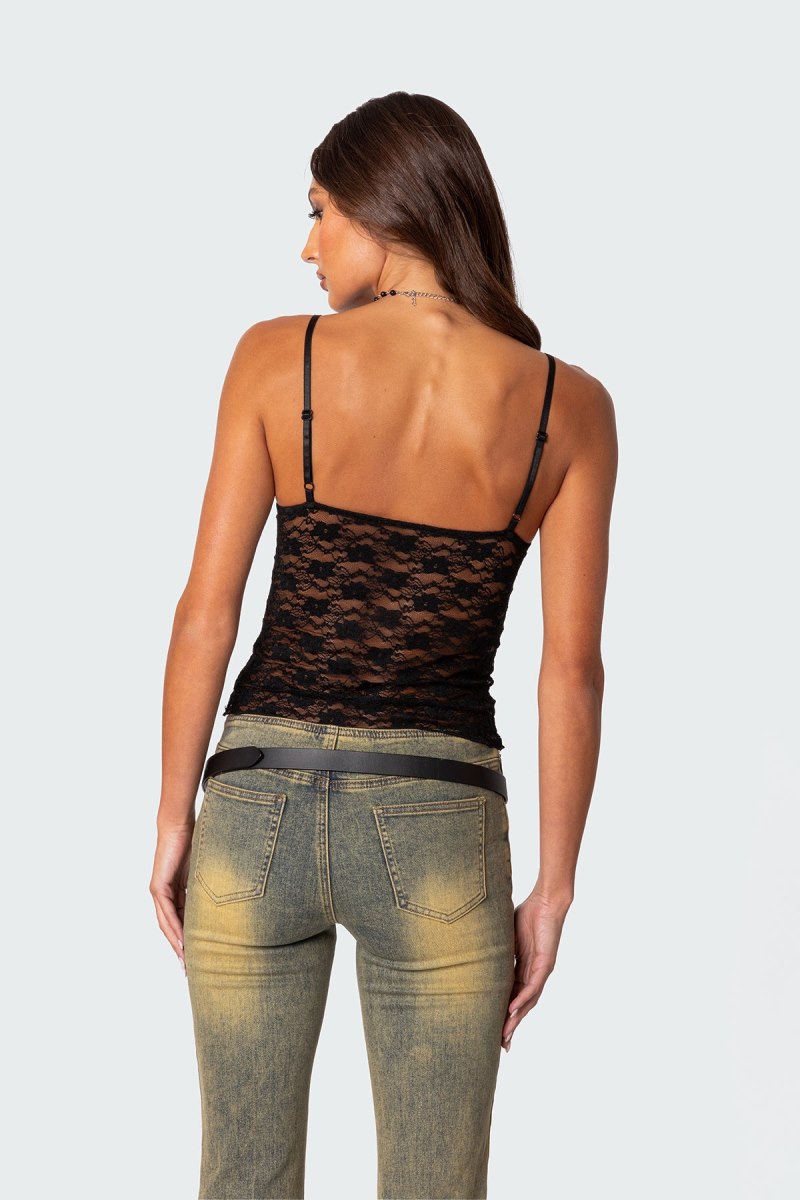 Edikted Eira Sheer Lace Tank Top Black | USA TJ622932J4