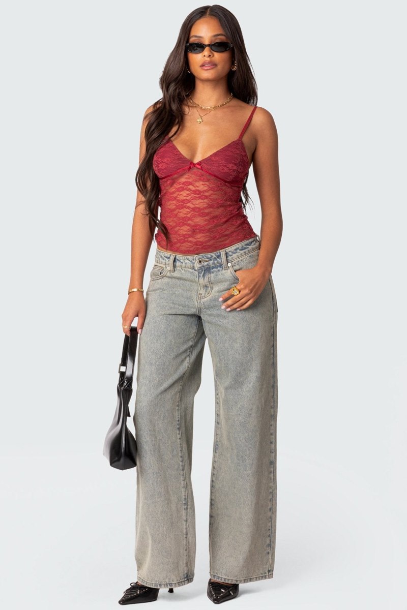 Edikted Eira Sheer Lace Tank Top Black | USA FY345234A0