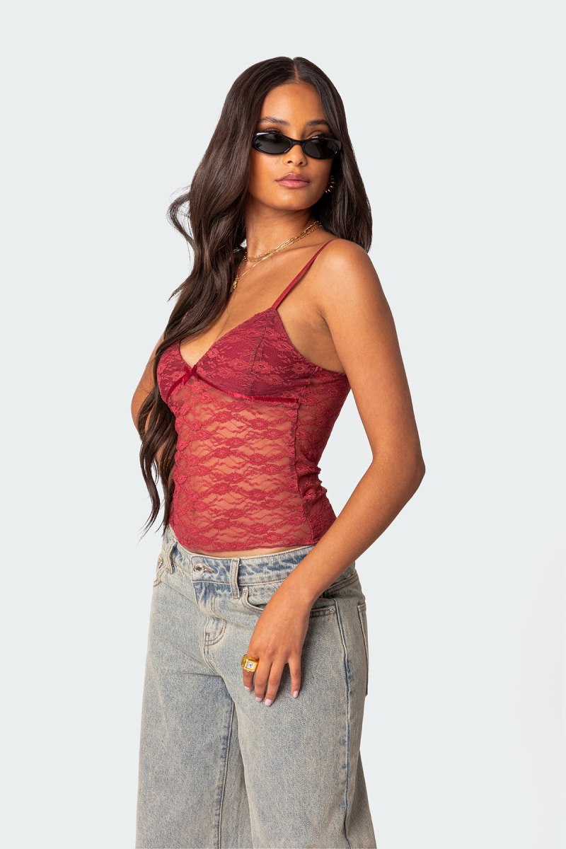 Edikted Eira Sheer Lace Tank Top Black | USA FY345234A0