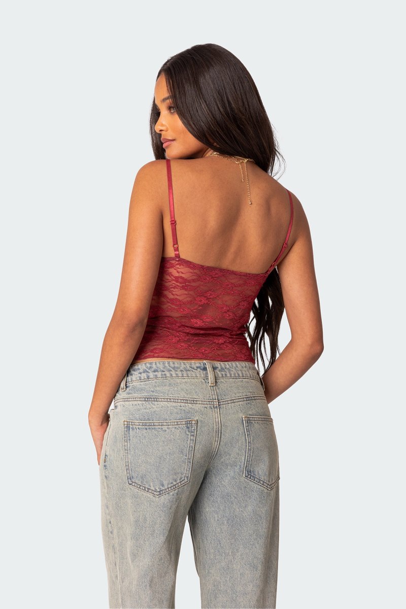 Edikted Eira Sheer Lace Tank Top Black | USA FY345234A0