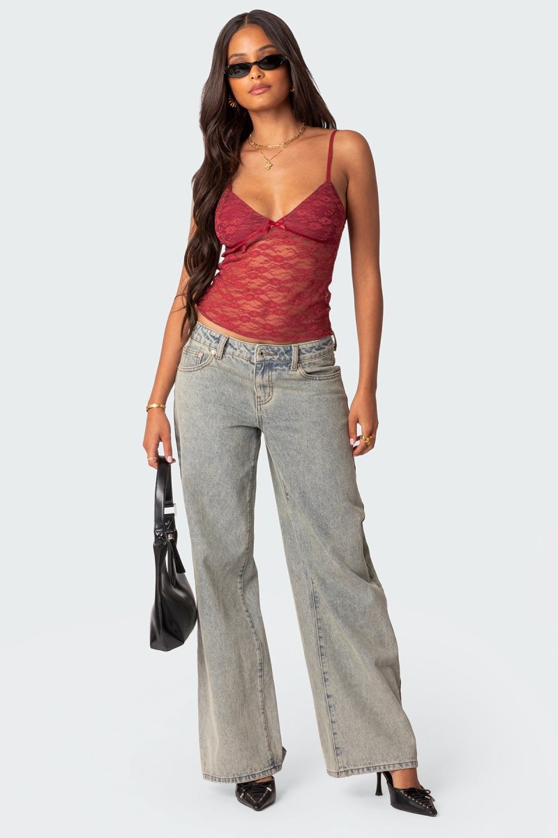 Edikted Eira Sheer Lace Tank Top Black | USA FY345234A0