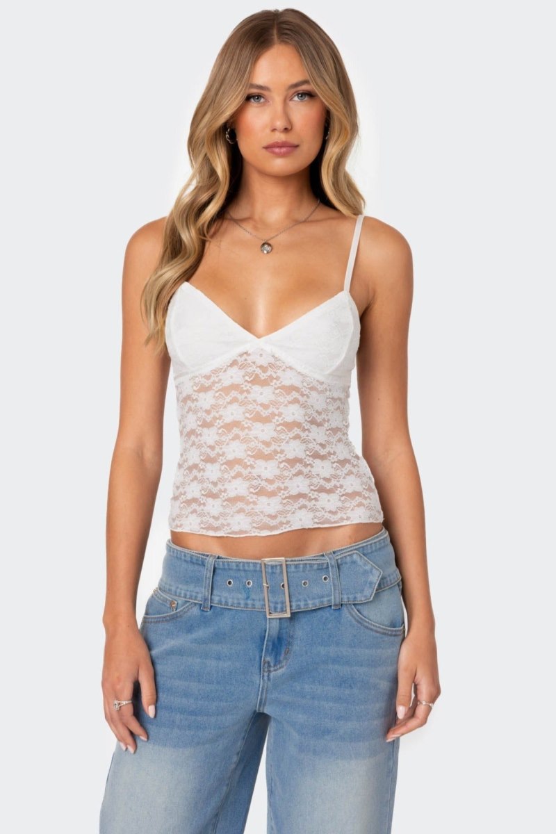 Edikted Eira Sheer Lace Tank Top Black | USA CD993639H3