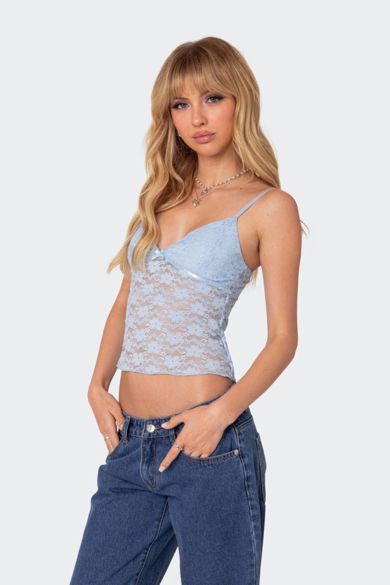 Edikted Eira Sheer Lace Tank Top Black | USA BD779627M3