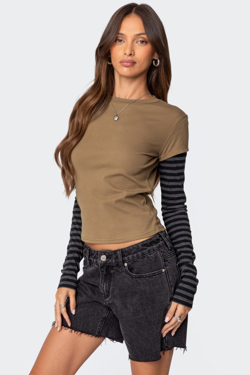 Edikted Eliana Layered Long Sleeve Tops Olive | USA OD104020Z4