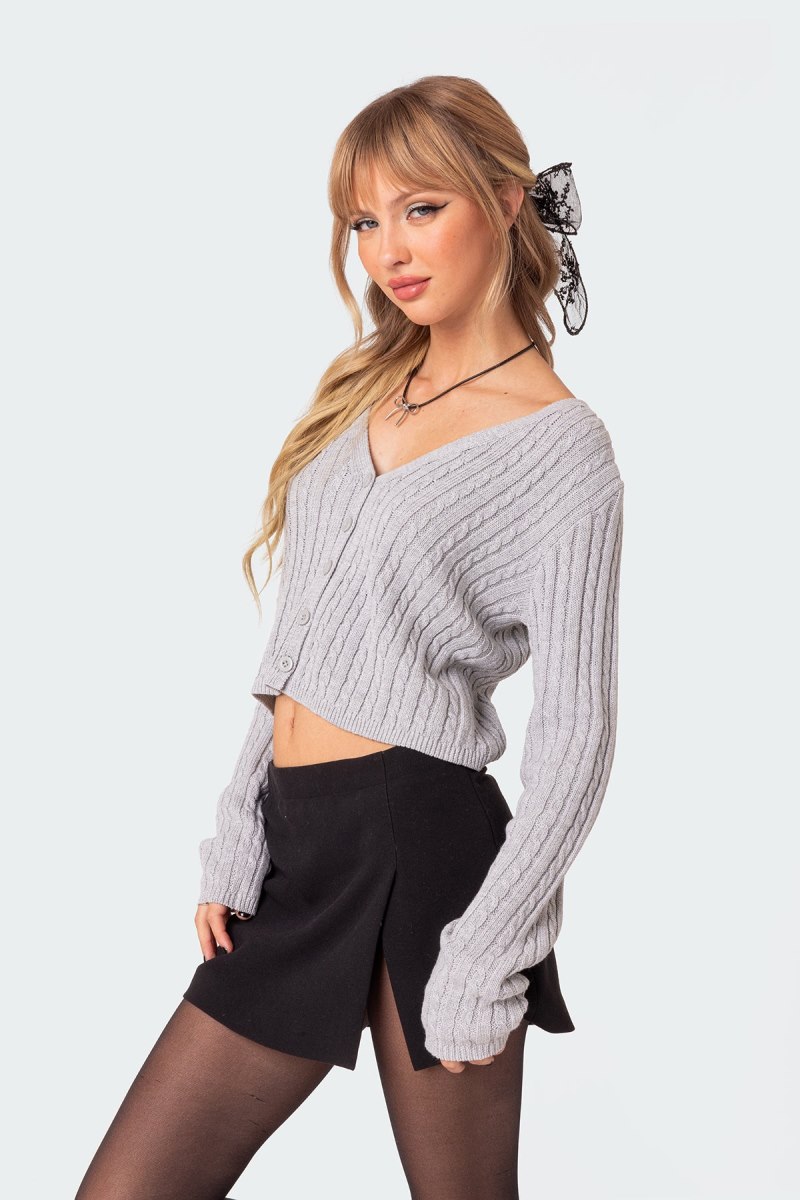 Edikted Elliot Cable Knit Cardigan Gray | USA SH066536Q3