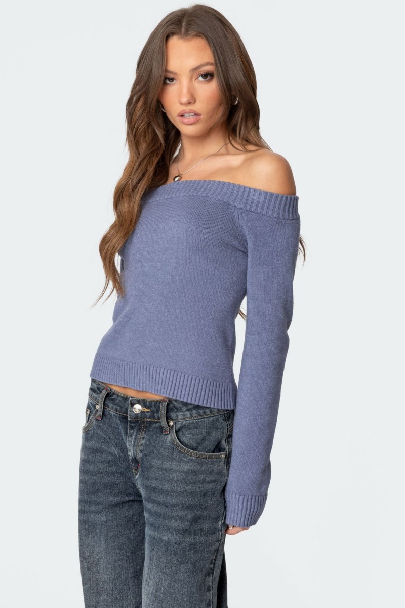 Edikted Elona Off Shoulder Knit Long Sleeve Tops Blue | USA XW816261O3