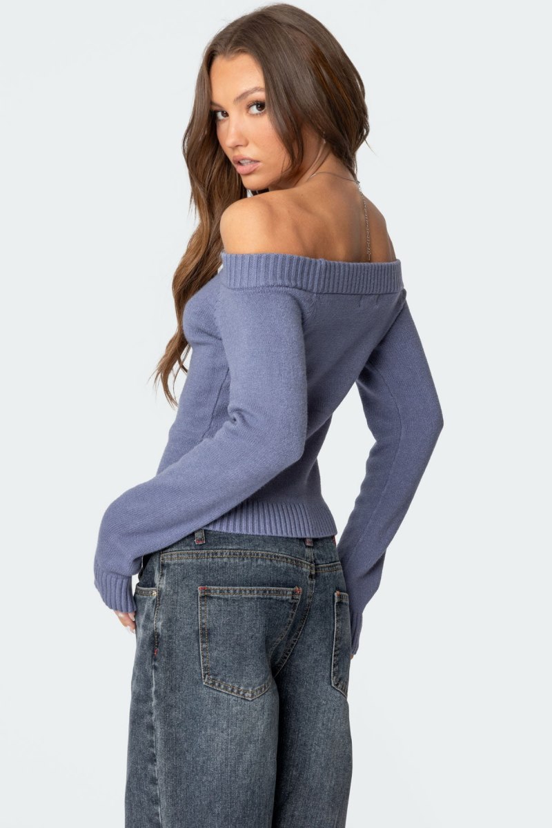 Edikted Elona Off Shoulder Knit Long Sleeve Tops Blue | USA XW816261O3