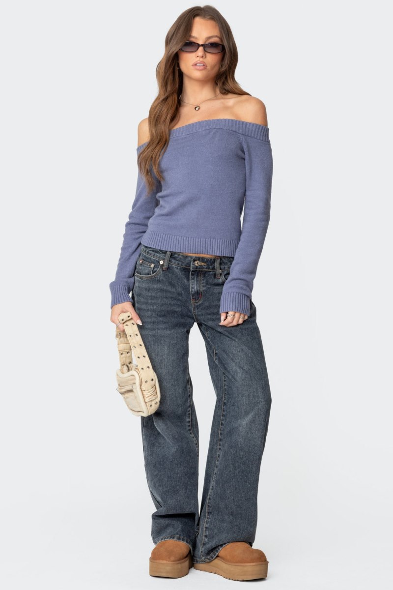 Edikted Elona Off Shoulder Knitted Tops Blue | USA UQ392679U4