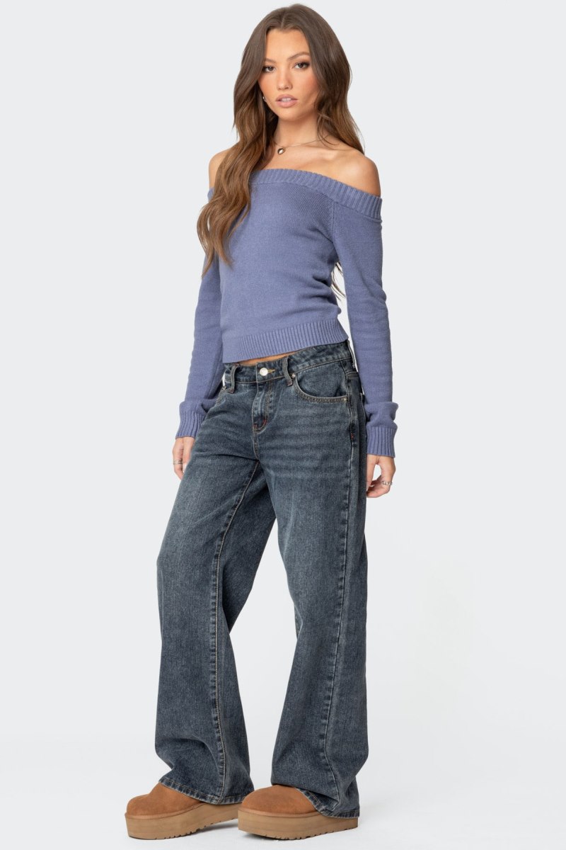 Edikted Elona Off Shoulder Knitted Tops Blue | USA UQ392679U4