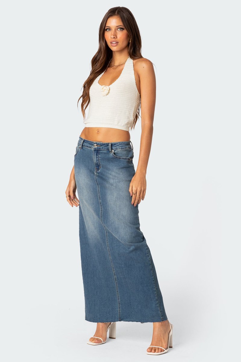Edikted Elowyn Slitted Denim Maxi Skirts Blue | USA CZ954325X2