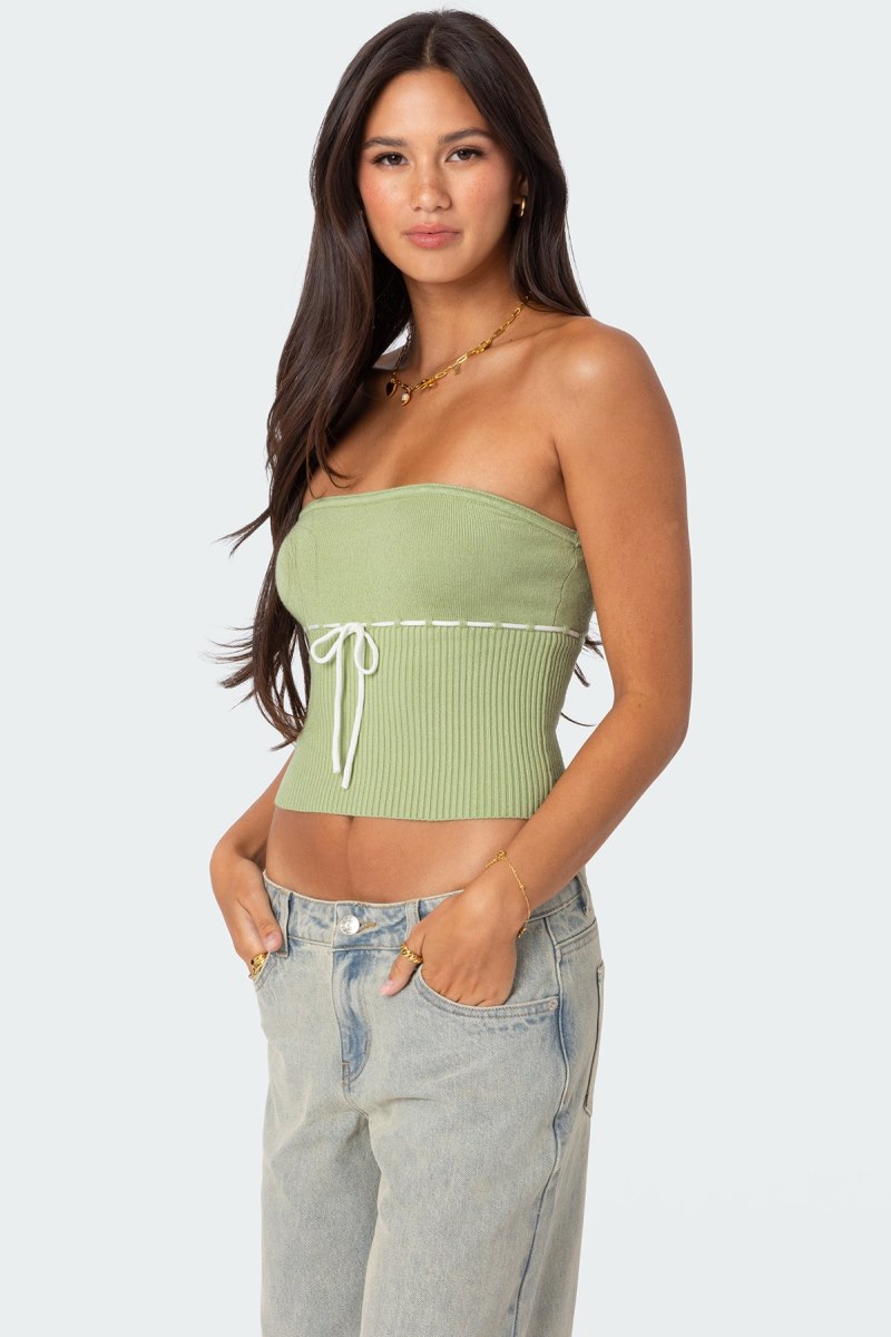 Edikted Elsie Knitted Tie Tube Strapless Tops Navy | USA IL741584X4
