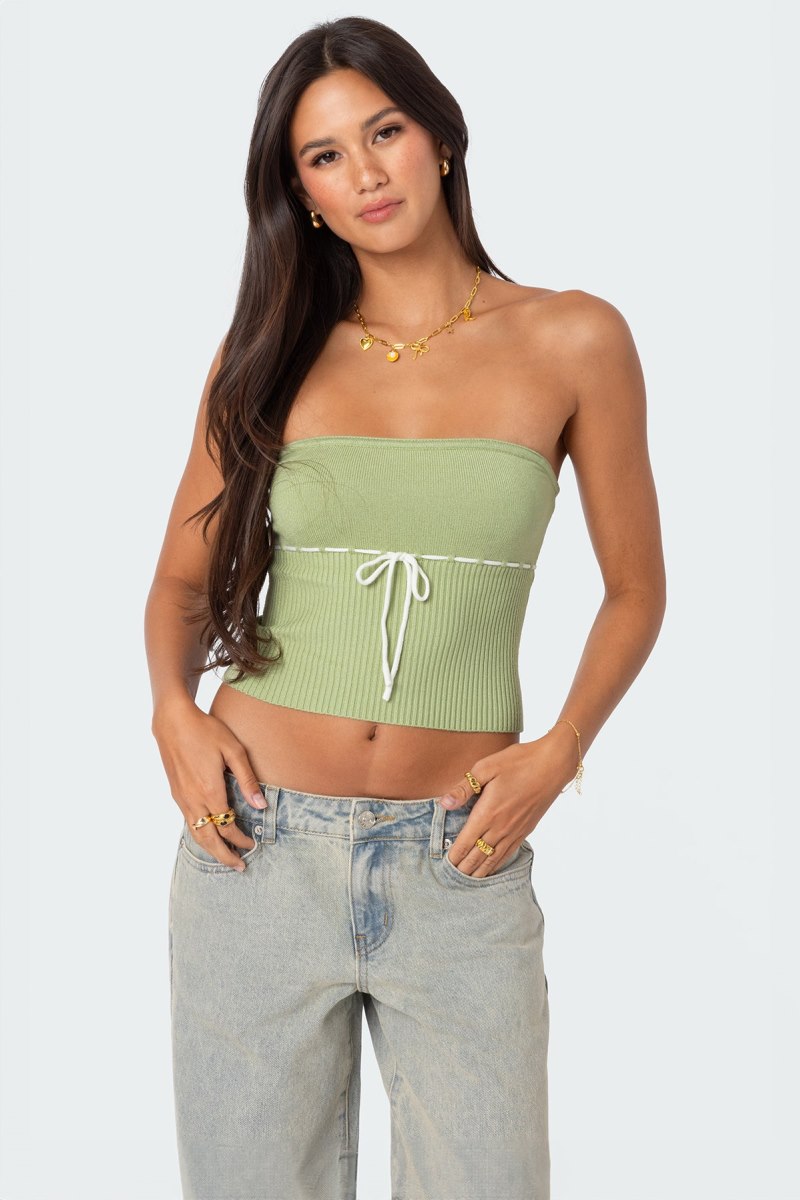 Edikted Elsie Knitted Tie Tube Strapless Tops Navy | USA IL741584X4