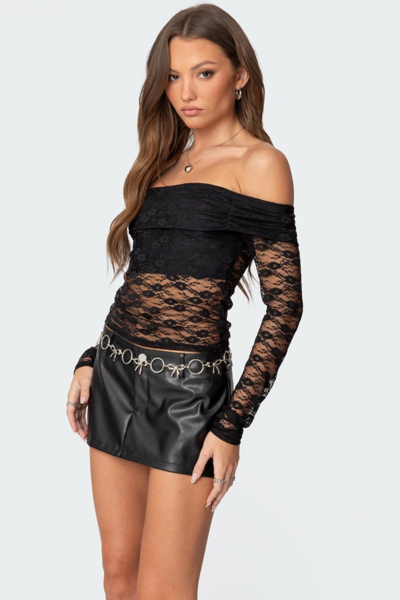 Edikted Elysia Fold Over Sheer Lace Long Sleeve Tops Black | USA MO223942M4