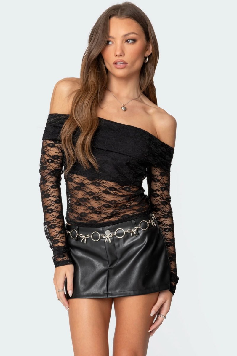 Edikted Elysia Fold Over Sheer Lace Long Sleeve Tops Black | USA MO223942M4