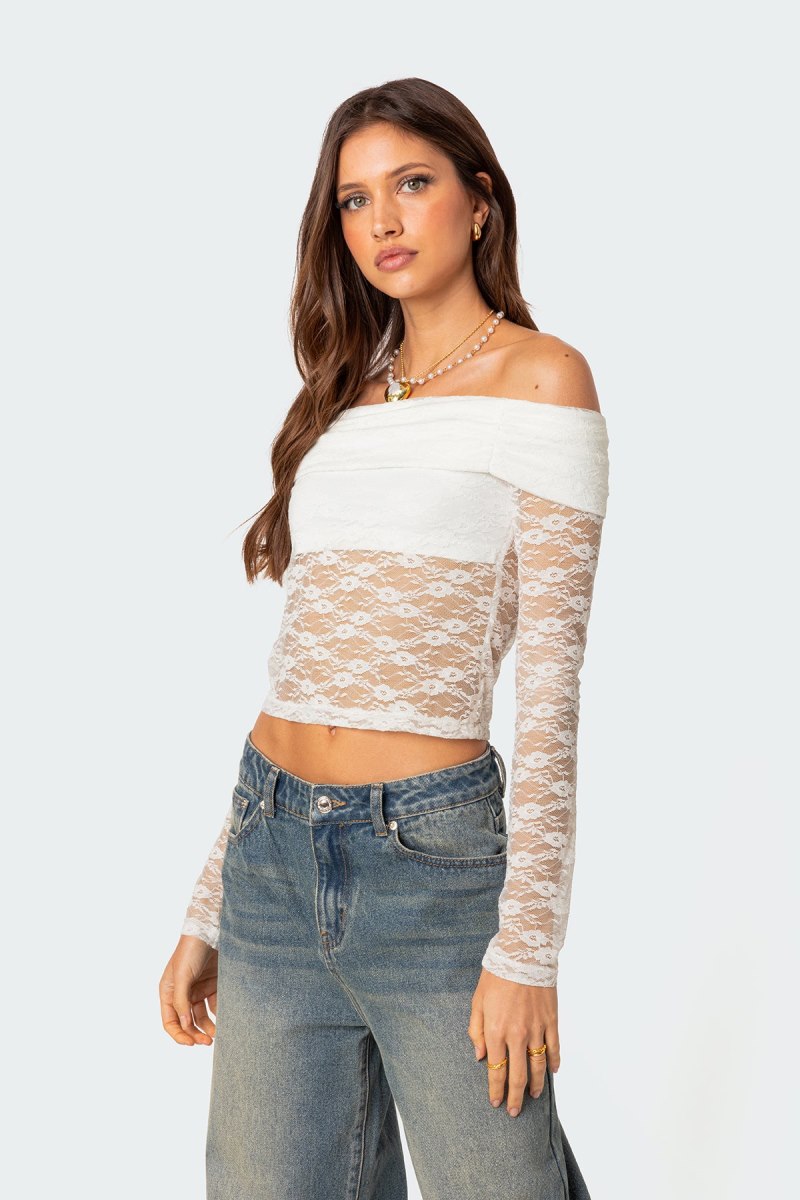 Edikted Elysia Fold Over Sheer Lace Long Sleeve Tops Black | USA NH995269T3