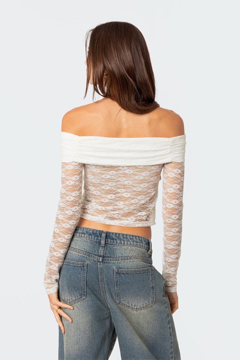 Edikted Elysia Fold Over Sheer Lace Long Sleeve Tops Black | USA NH995269T3