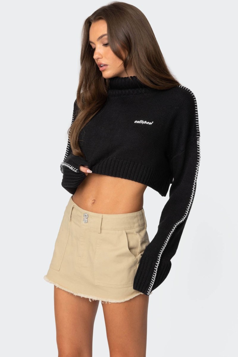 Edikted Embroidered Edge Cropped Turtle Neck Sweater Long Sleeve Tops Black | USA TV737553N3