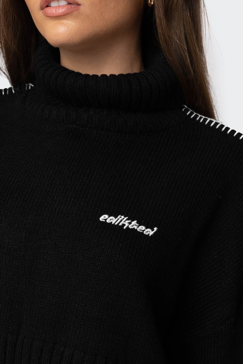 Edikted Embroidered Edge Cropped Turtle Neck Sweater Long Sleeve Tops Black | USA TV737553N3