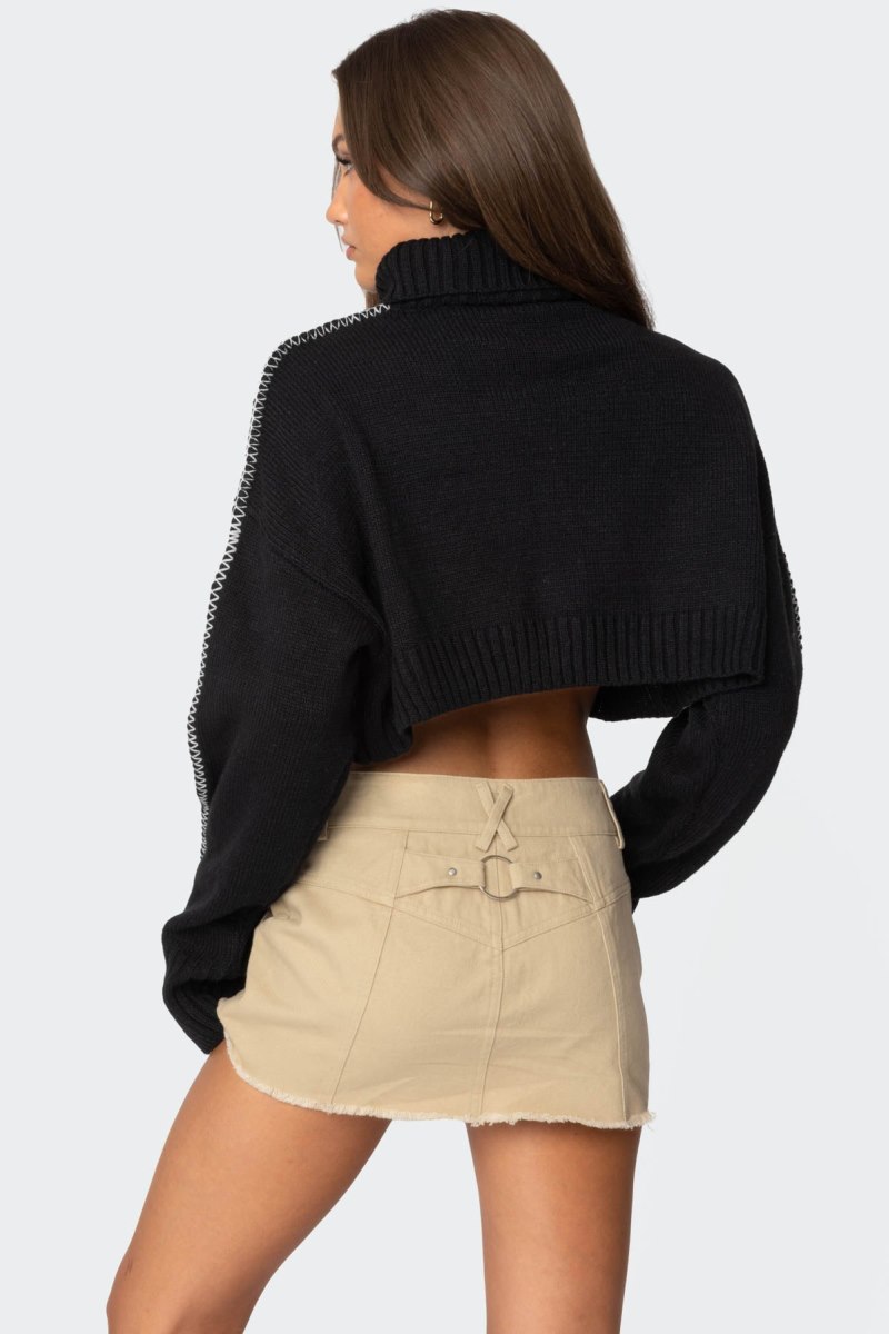 Edikted Embroidered Edge Cropped Turtle Neck Sweater Black | USA ZD663326E9