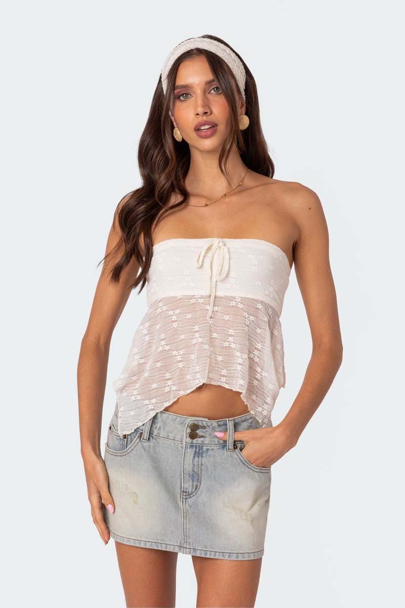 Edikted Embroidered Sheer Strapless Strapless Tops Cream | USA GV540504U7