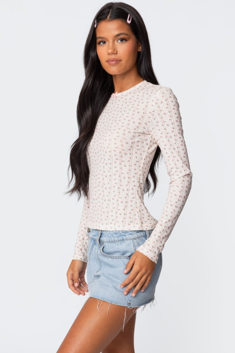 Edikted Emery Printed Pointelle Long Sleeve Tops Cream | USA LU465396U8