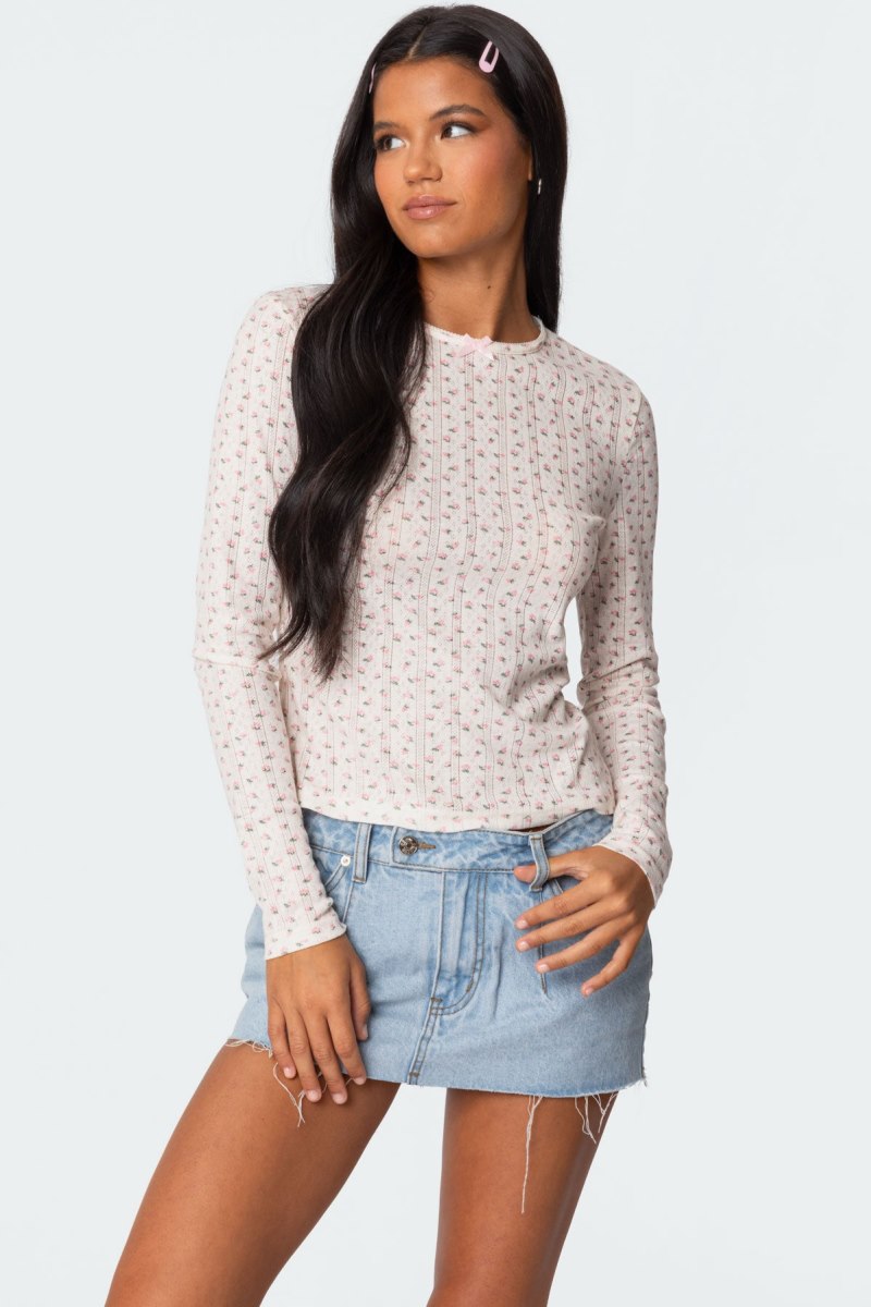 Edikted Emery Printed Pointelle Long Sleeve Tops Cream | USA LU465396U8