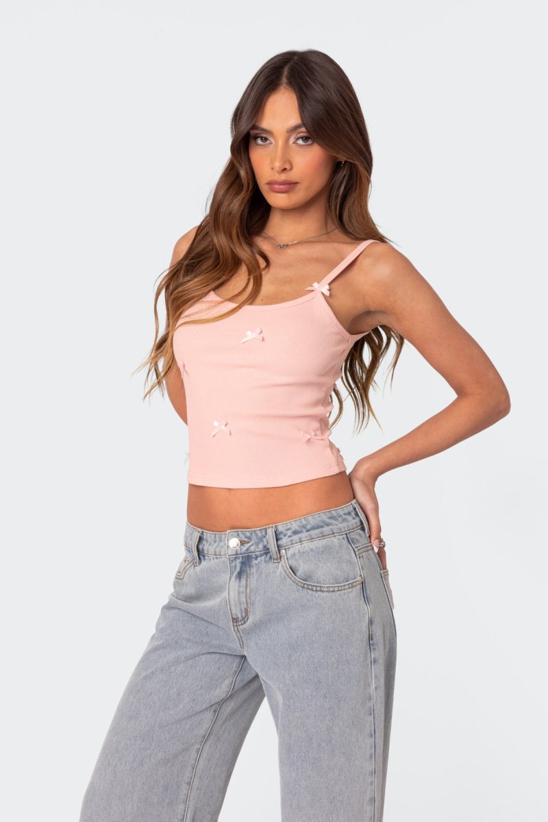 Edikted Emilia Ribbed Bow Tank Top Pink | USA CF783438E6