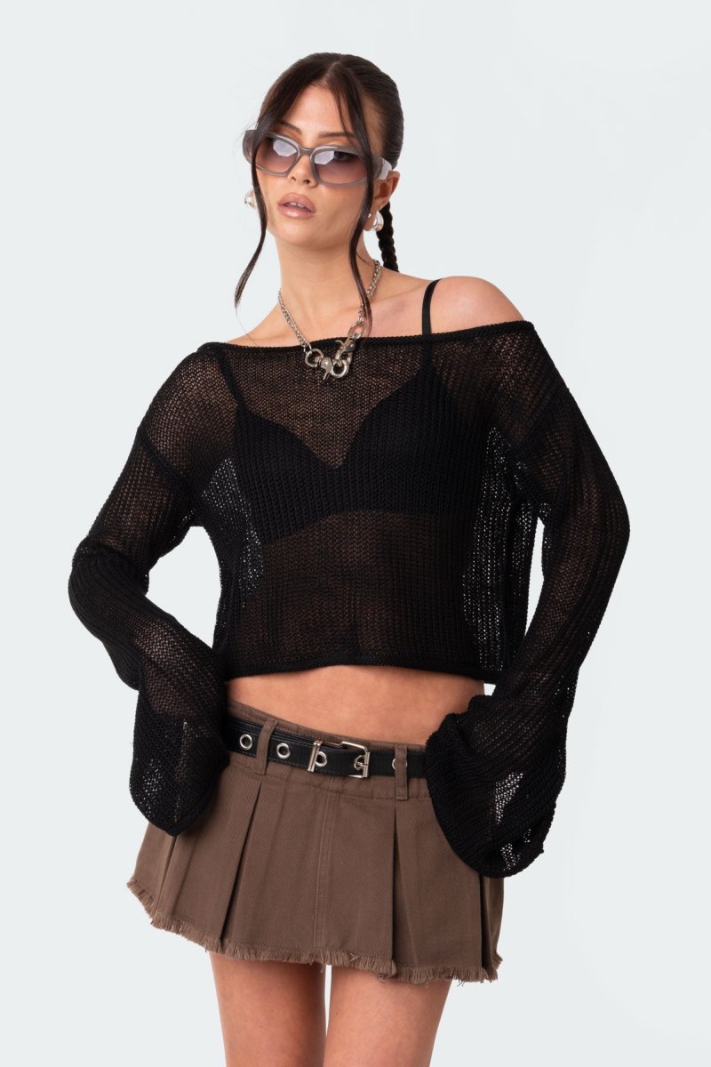 Edikted Emmie Off The Shoulder Sheer Knitted Knitted Tops Beige | USA BA790249G3