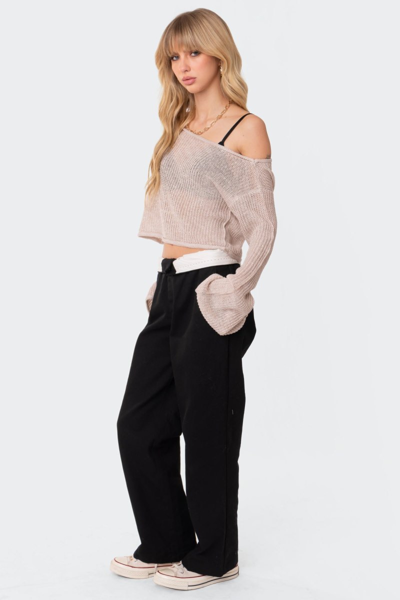 Edikted Emmie Off The Shoulder Sheer Knitted Long Sleeve Tops Beige | USA FV842284M4