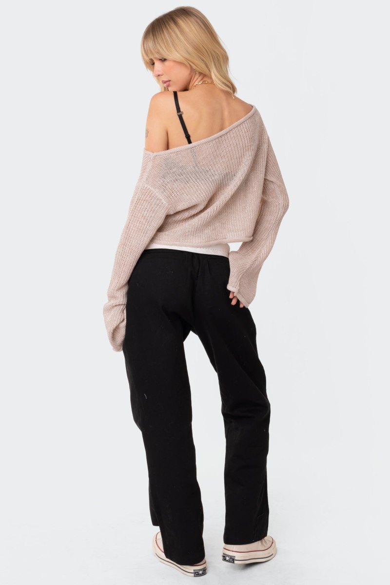 Edikted Emmie Off The Shoulder Sheer Knitted Long Sleeve Tops Beige | USA FV842284M4