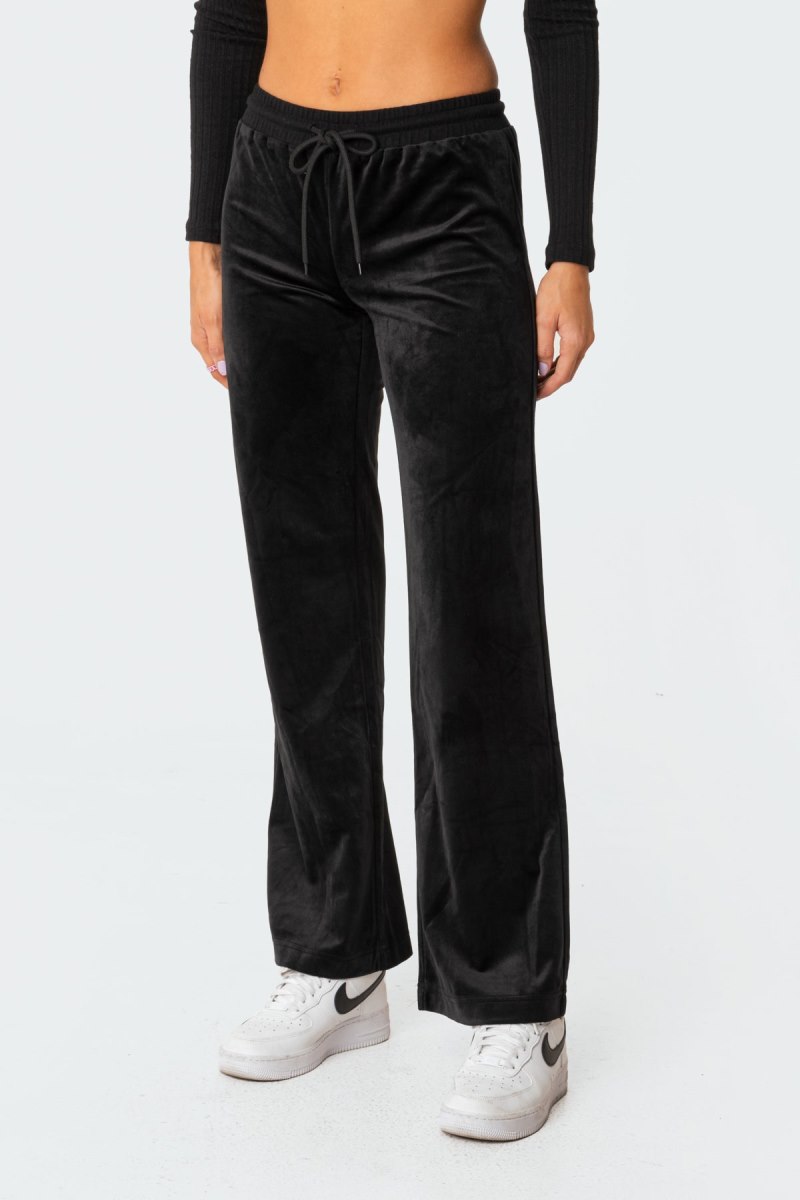 Edikted Erin Low-Rise Velour Sweatpants Pants Black | USA YA498009R3