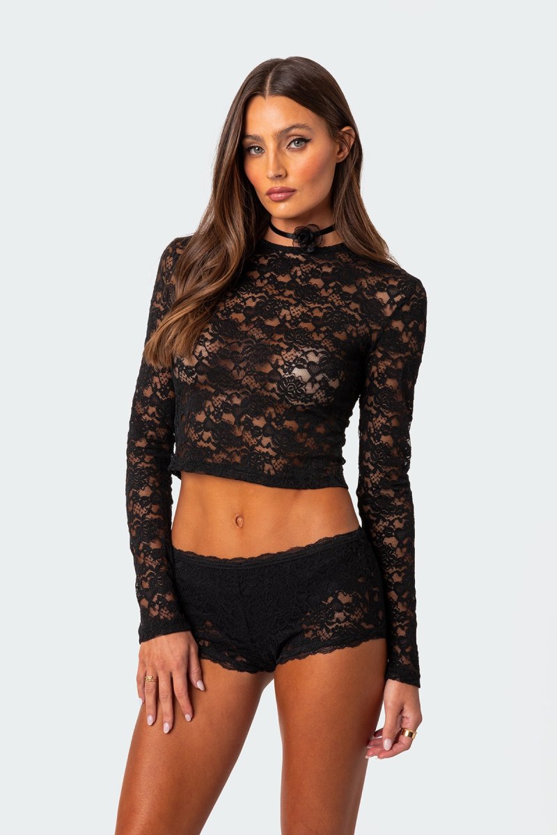 Edikted Estella Sheer Lace Long Sleeve Tops Black | USA GK488858T9