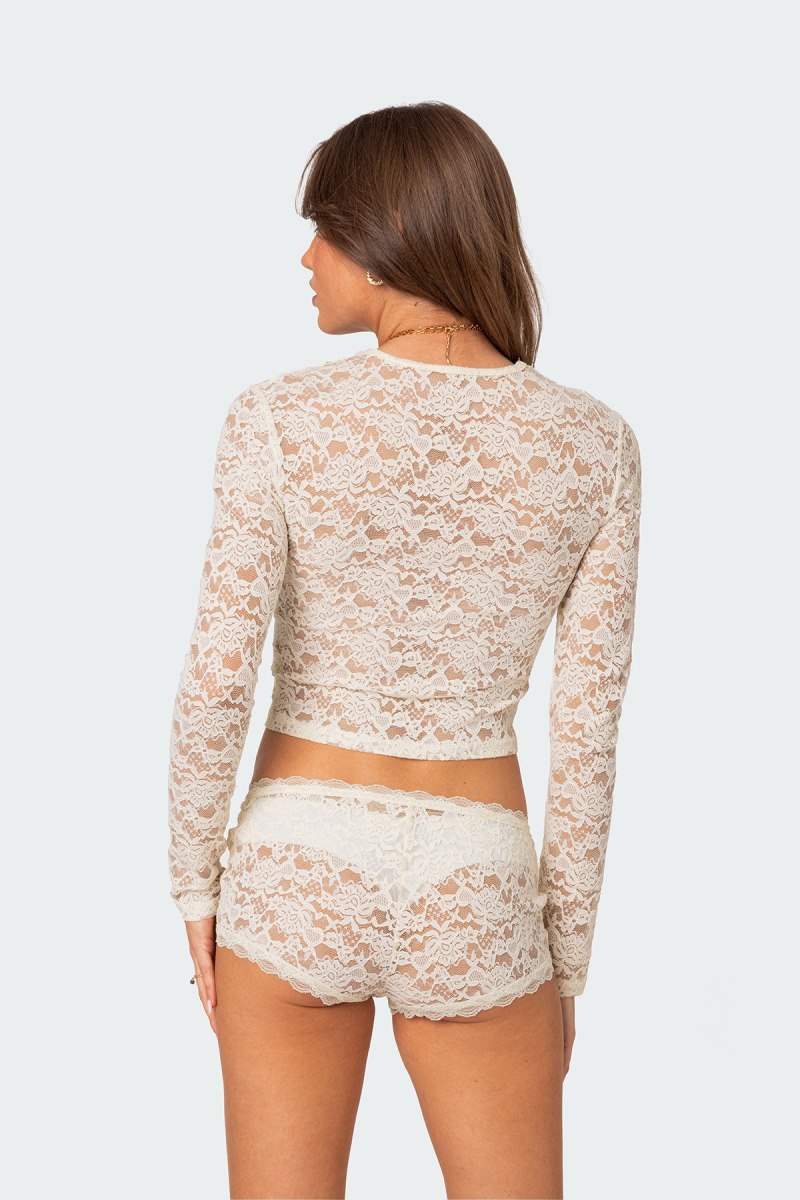 Edikted Estella Sheer Lace Long Sleeve Tops Black | USA QB875297I9