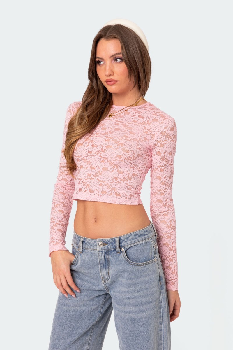 Edikted Estella Sheer Lace Long Sleeve Tops Black | USA SP653765Q3