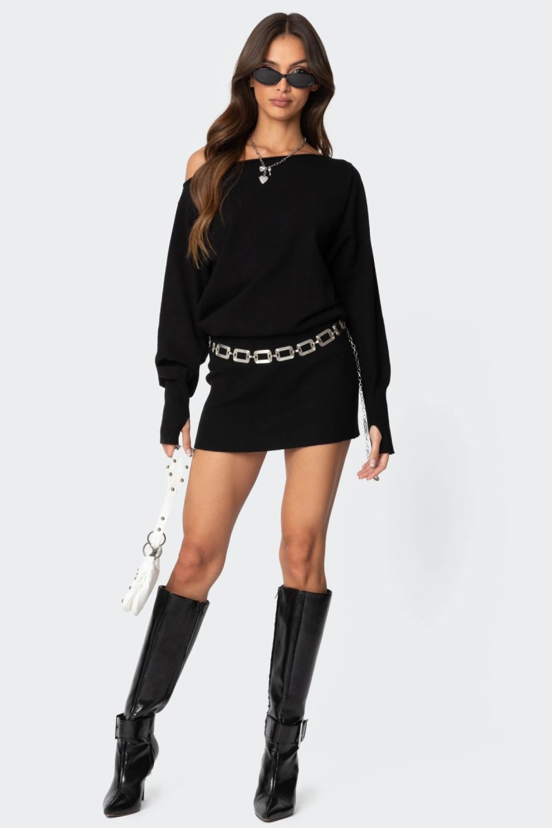 Edikted Eve Off Shoulder Knit Mini Dress LBD Black | USA SO770807E4