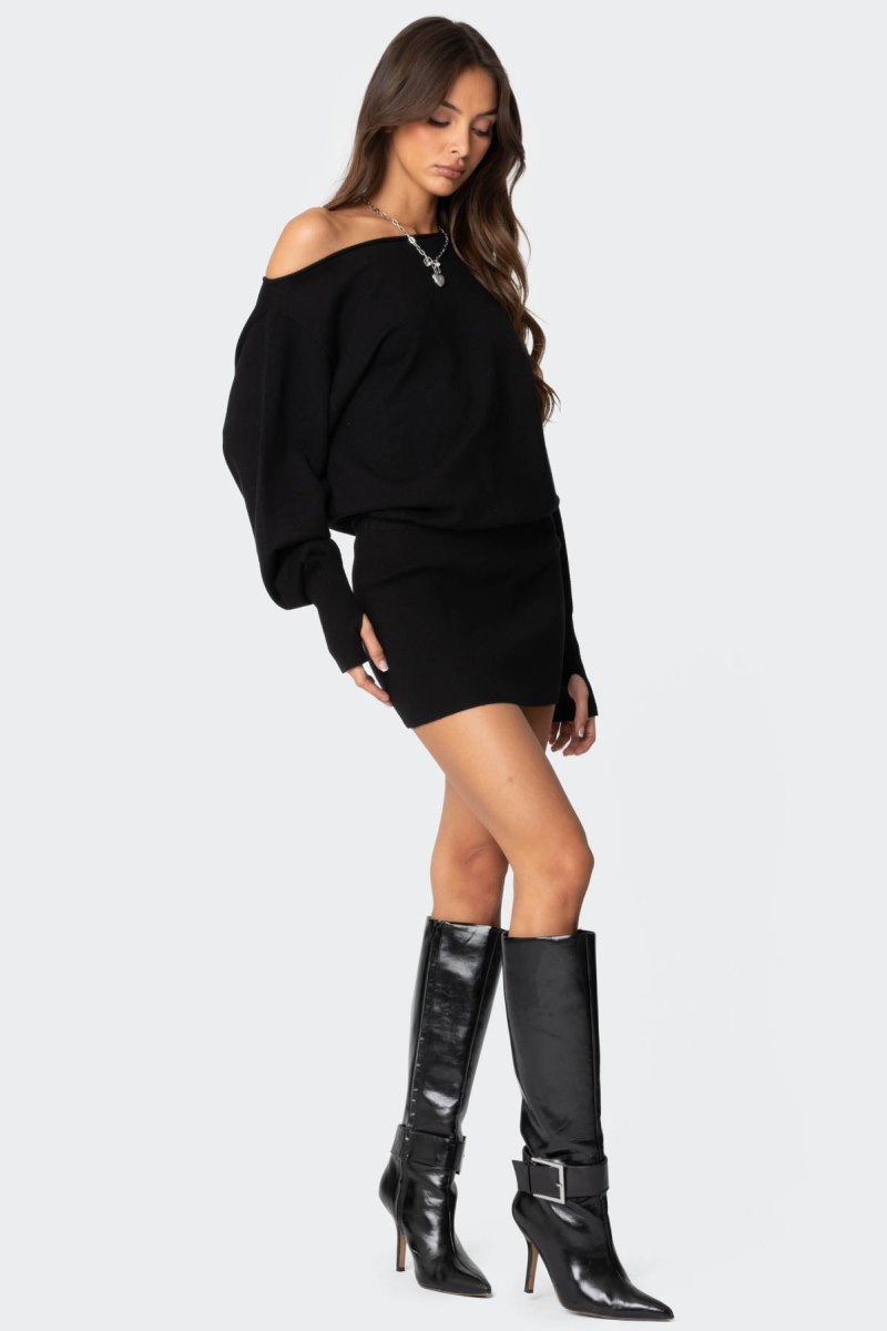 Edikted Eve Off Shoulder Knit Mini Dress Black | USA FV276147O1