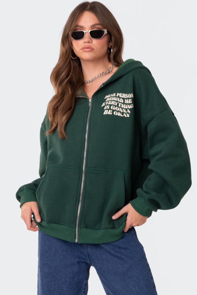 Edikted Everything'S Ok Zip Up Oversized Hoodie Long Sleeve Tops Gray Melange | USA WB987658M9