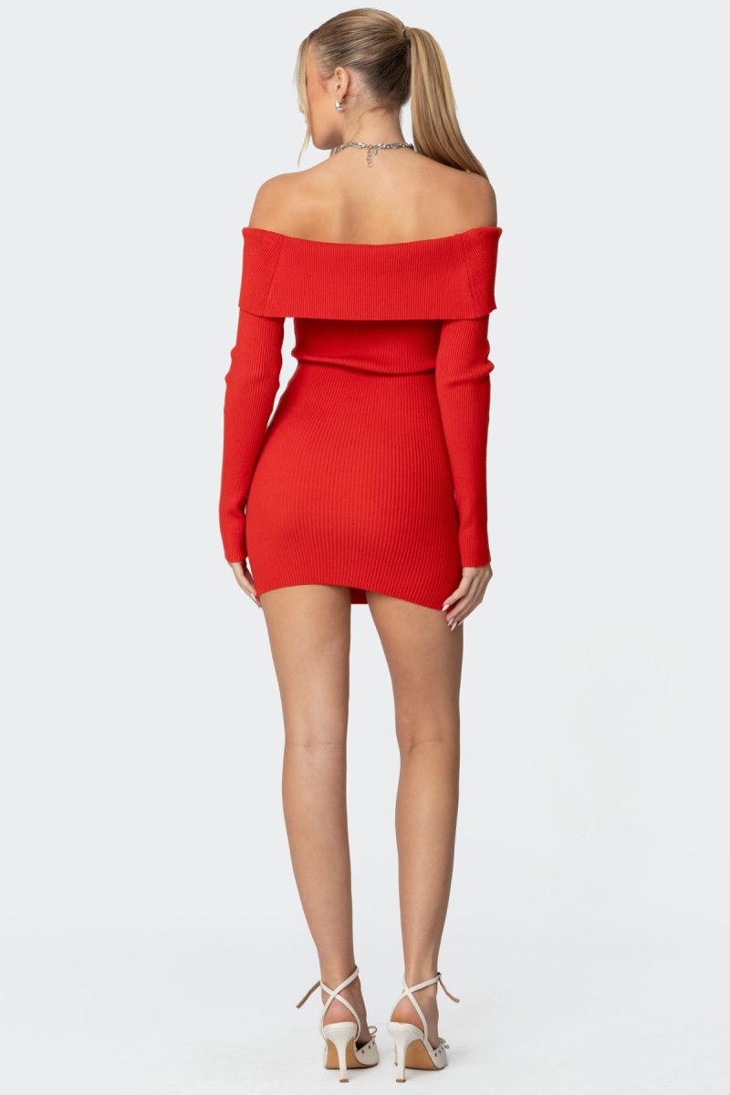 Edikted Evi Fold Over Knit Mini Long Sleeve Dress Red | USA OP303900A5