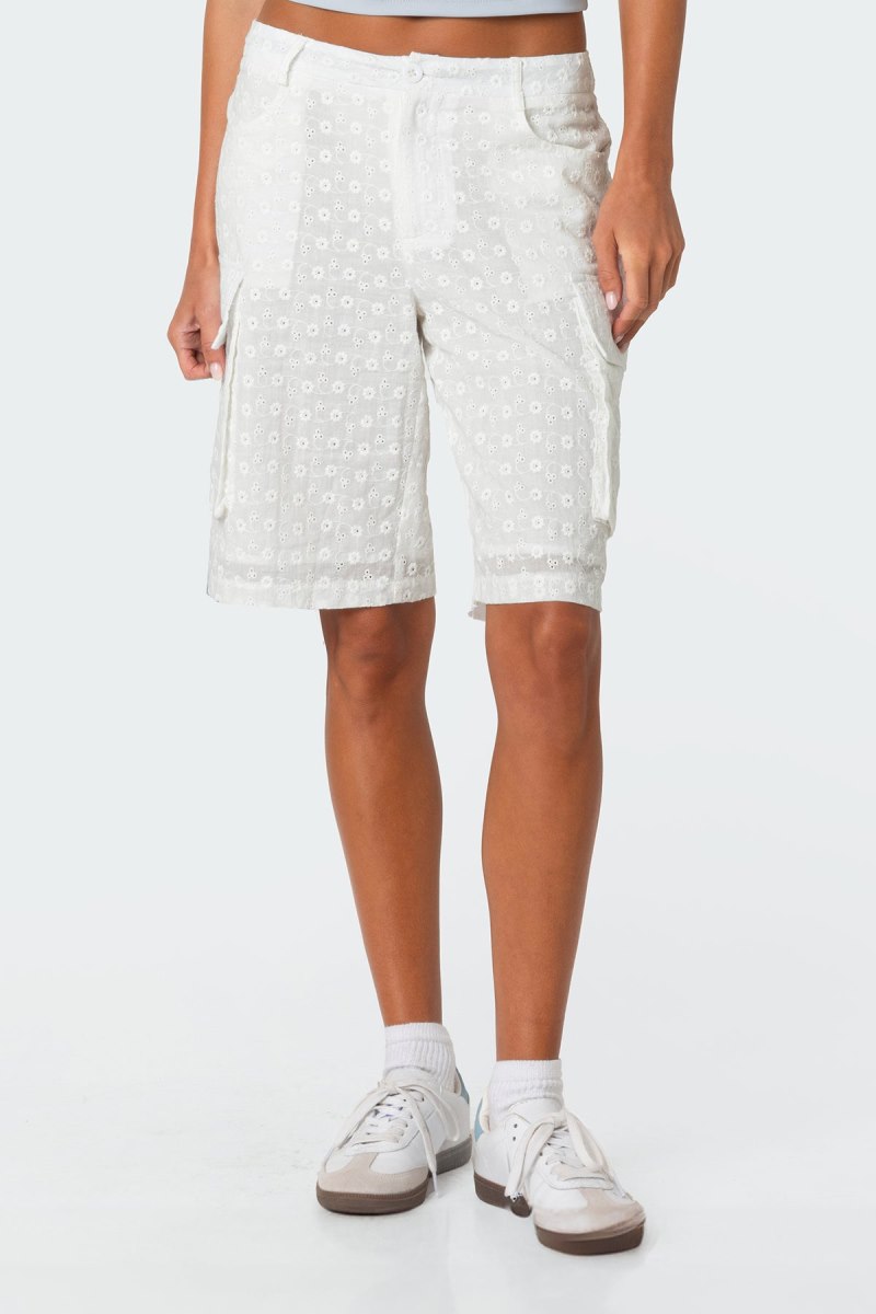 Edikted Eyelet Cargo Bermuda Shorts White | USA PP983898G4