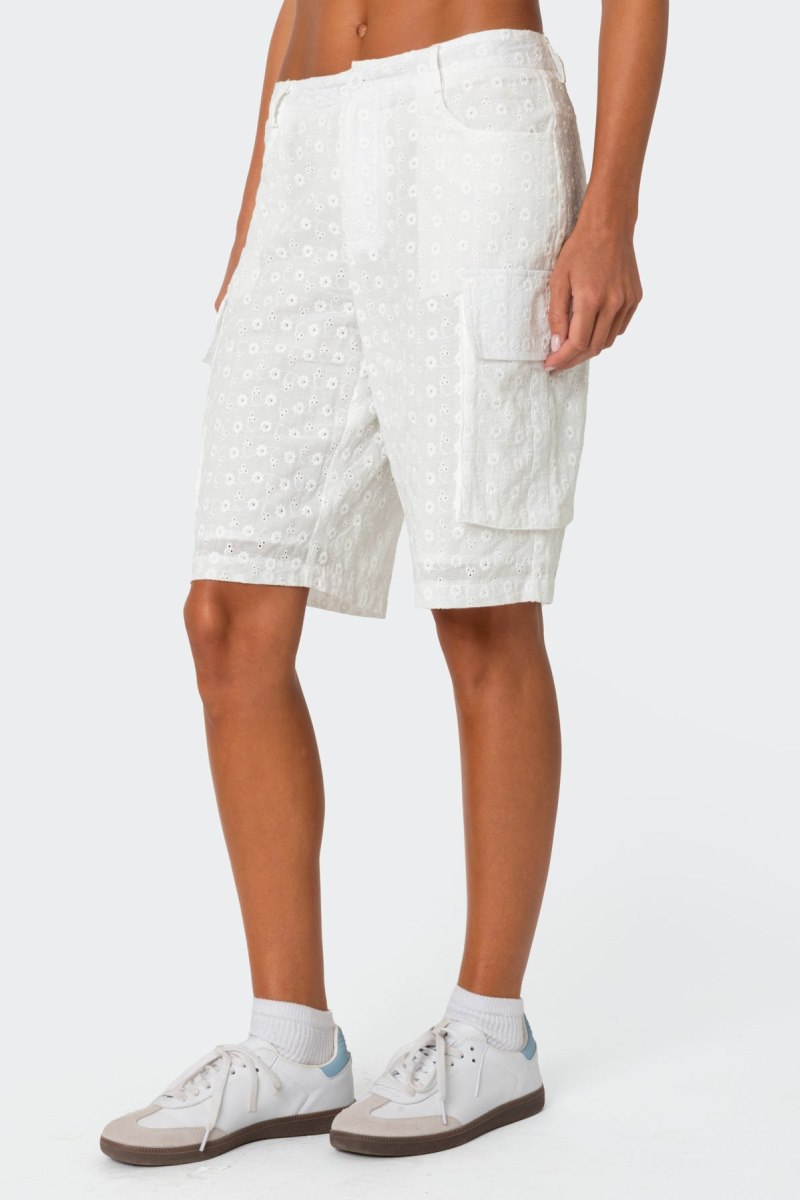 Edikted Eyelet Cargo Bermuda Shorts White | USA PP983898G4