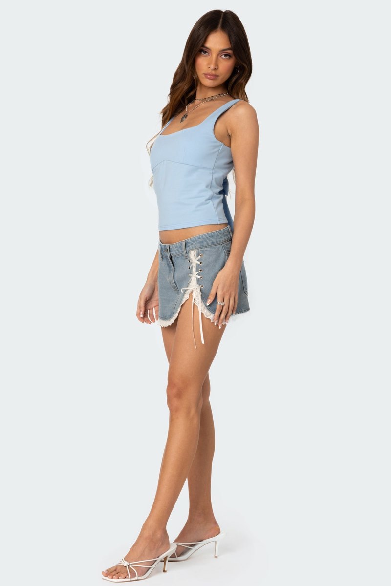 Edikted Eyelet Lace Up Denim Mini Skirts Blue Washed | USA PX478497Y5