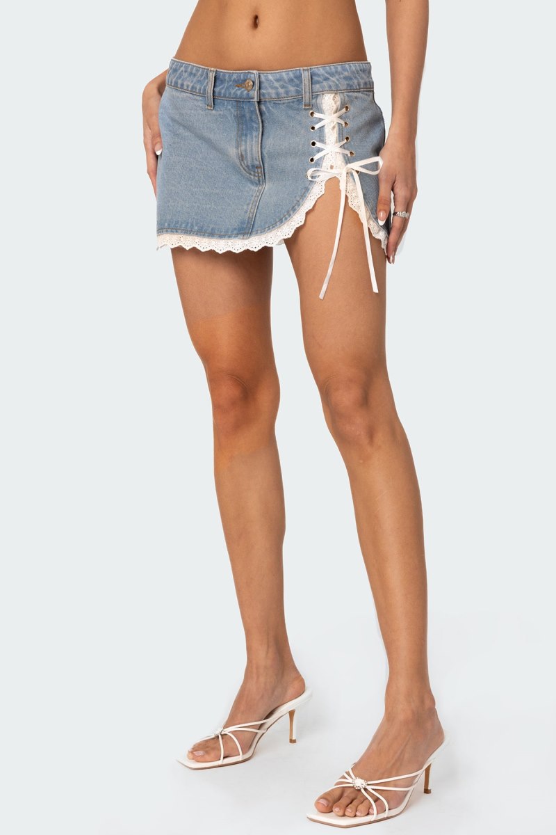 Edikted Eyelet Lace Up Denim Mini Skirts Blue Washed | USA PX478497Y5