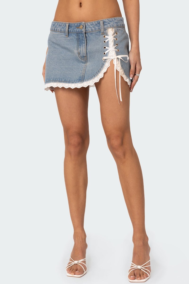 Edikted Eyelet Lace Up Denim Mini Skirts Blue Washed | USA PX478497Y5